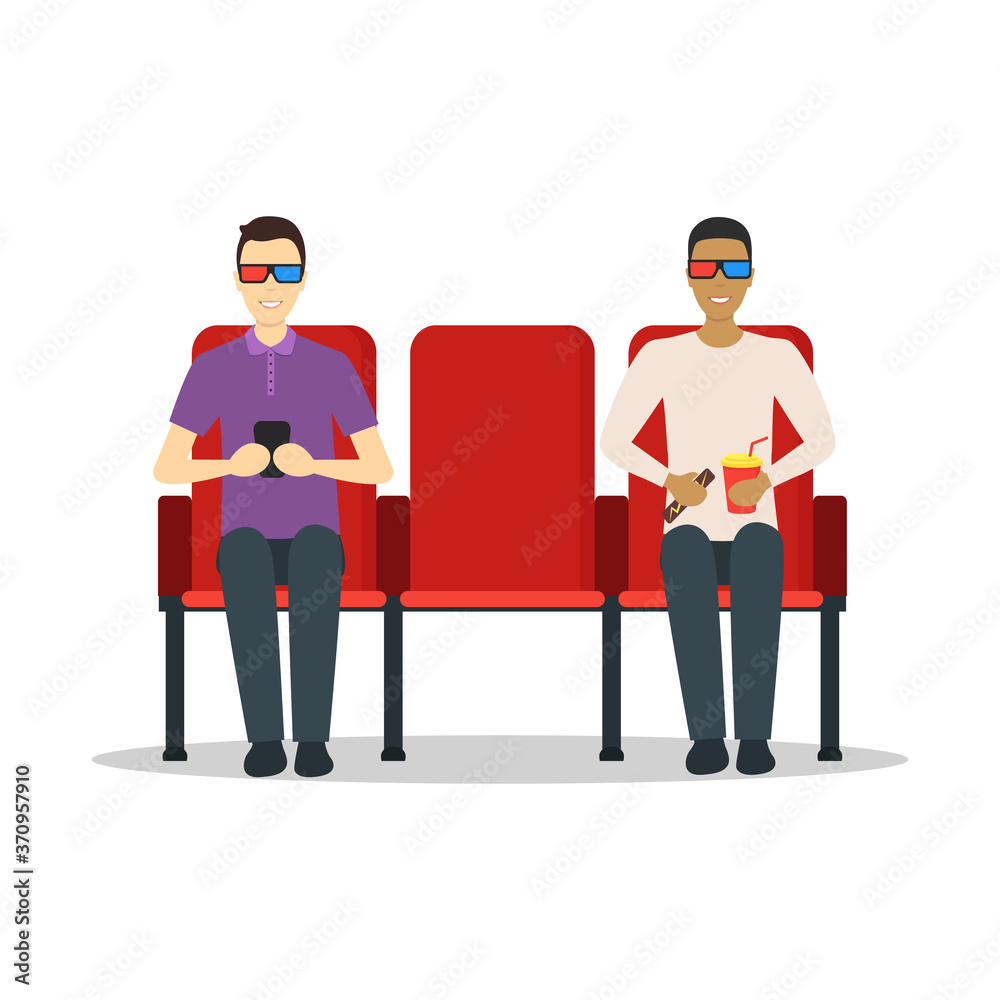 Cartoon Characters People In Cinema Theatre. Vector