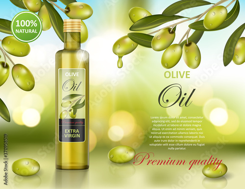 Olive oil bottle design on green shiny background. Transparent glass olive oil ad, package design. Vector 3d illustration