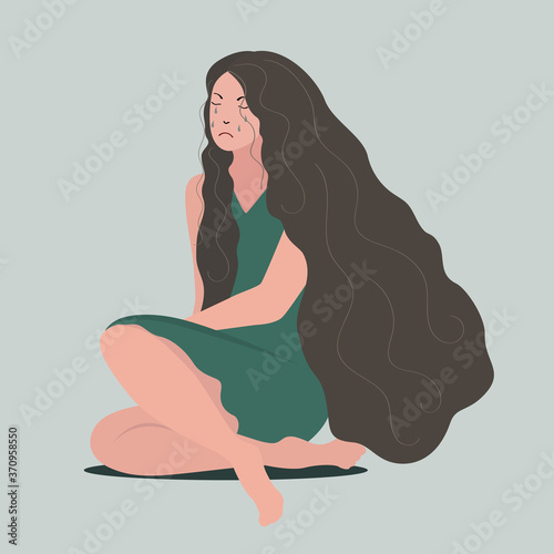 Vector illustration of a sad crying young woman with long hair. Depression and melancholy concept. Flat illustration