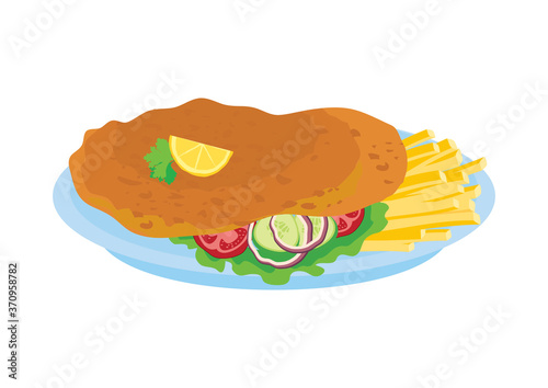 Wiener Schnitzel with french fries and salad icon vector. Fried schnitzel with garnish vector. Austrian cuisine specialty. Wiener Schnitzel icon isolated on a white background