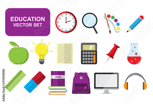 stationery and education flat design icon set, business and communication, e-book and e-learning, sign and symbol, calculator and magnifier, commerce and office, vector modern, teaching and learning.