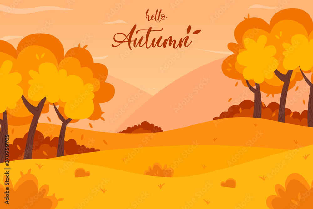 Autumn landscape background. Hello Autumn lettering logo, vector illustration.