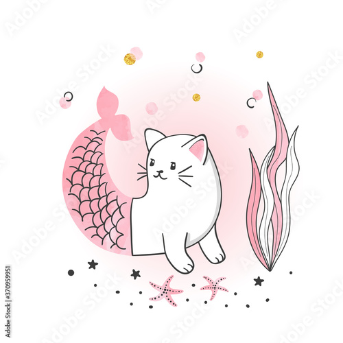 Cute cartoon cat mermaid ve...