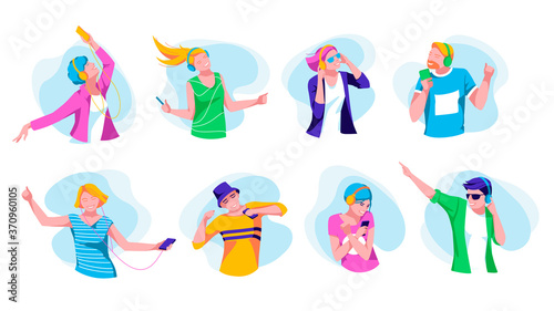 People enjoying of listening music set. Joyful teenagers listen music with headphones and smartphones. Girls and boys wearing fashionable clothes dancing and relaxing flat vector illustration