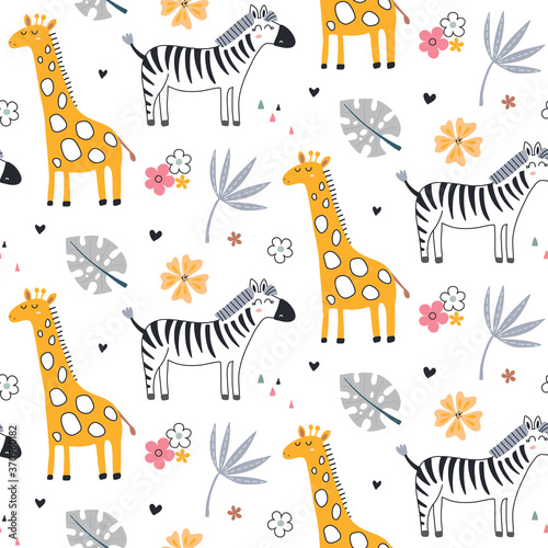 Cute vector seamless pattern with safari animals, zebra, giraffe and tropical plants.
