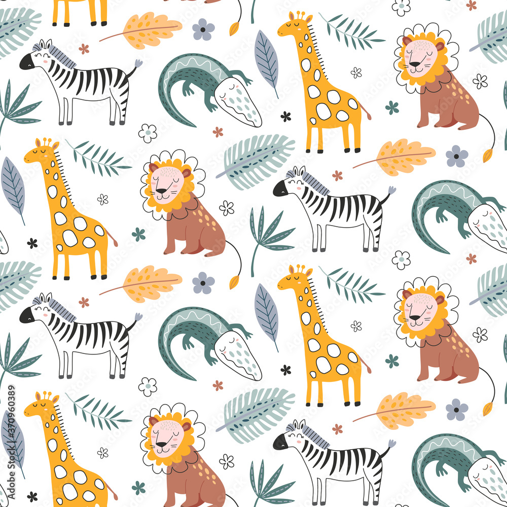 Cute vector seamless pattern with safari animals, alligator, zebra, lion, giraffe and tropical plants. Cute vector seamless pattern with safari animals, alligator, zebra, lion, giraffe and tropical plants.