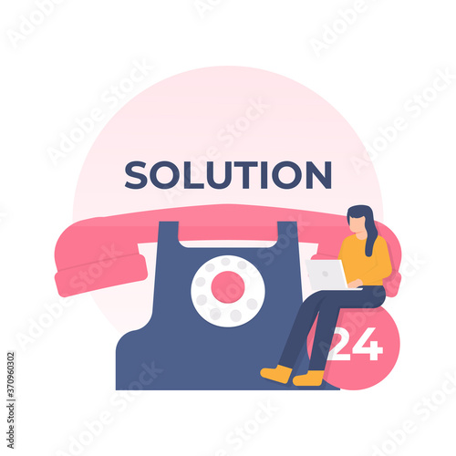 customer service concepts, assistance services, customer calls. illustration of a woman sitting near a telephone. flat design. can be used for elements, landing pages, UI, websites