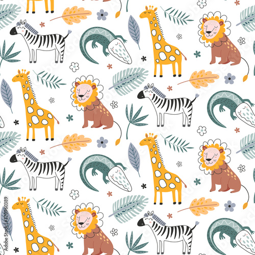 Cute vector seamless pattern with safari animals, alligator, zebra, lion, giraffe and tropical plants. © Andrei