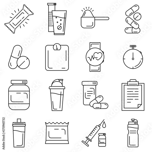 Set of sport and bodybuilding supplements and tools line icons. Fitness outline icons such as whey protein, bcaa, vitamin, heart rate monitor, stopwatch, energy bar, scales, shaker, sport water bottle