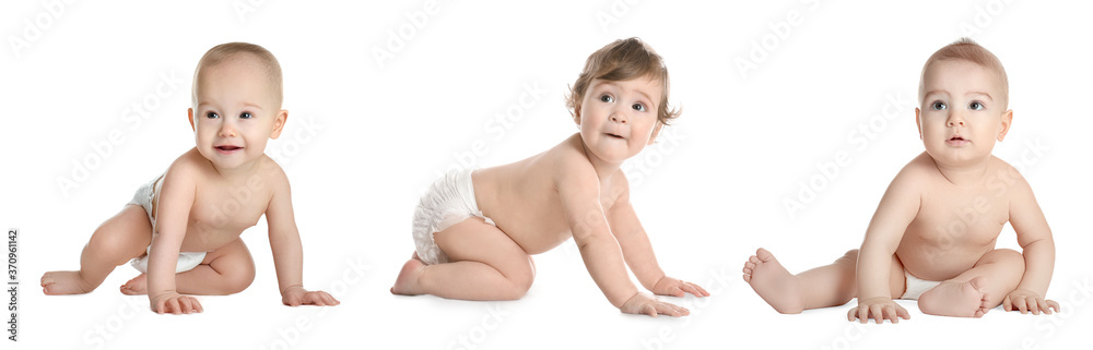 Collage with photos of cute babies crawling on white background. Banner design Collage with photos of cute babies crawling on white background. Banner design