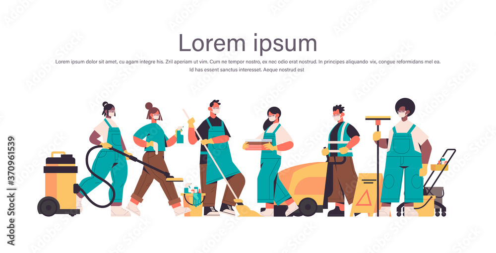 mix race cleaners in masks disinfecting coronavirus cells to prevent covid-19 pandemic cleaning service disinfection control of epidemic concept horizontal full length copy space vector illustration mix race cleaners in masks disinfecting coronavirus cells to prevent covid-19 pandemic cleaning service disinfection control of epidemic concept horizontal full length copy space vector illustration