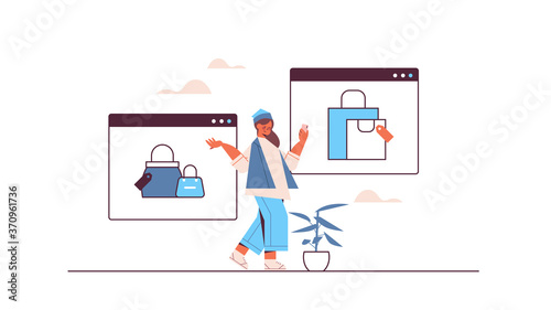 woman using smartphone application for online shopping ordering and paying e-commerce smart purchasing concept horizontal full length vector illustration