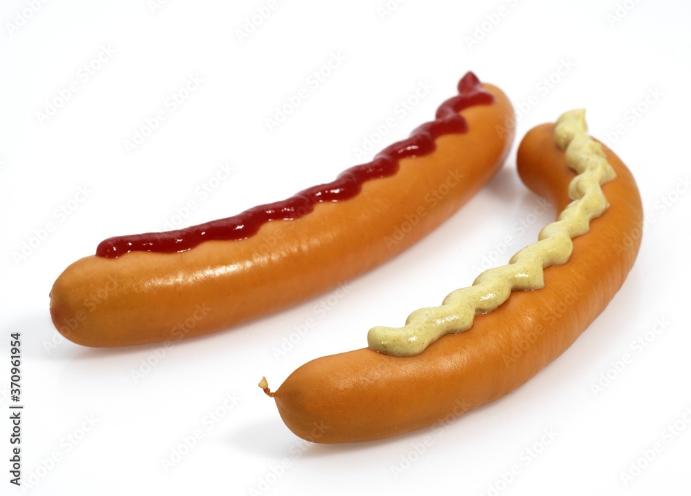 Strasbourg Sausages with Ketchup and Mustard against White Background Strasbourg Sausages with Ketchup and Mustard against White Background