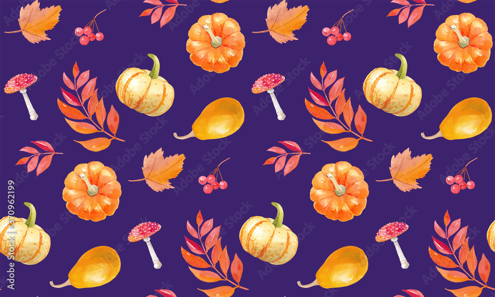 ハロウィンかぼちゃと秋の植物のシームレスパターン。水彩イラスト（ベクター。）