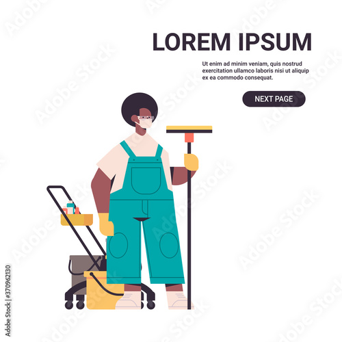 african american man janitor in mask washing floor with mop disinfecting coronavirus cells to prevent covid-19 pandemic cleaning service concept full length copy space vector illustration