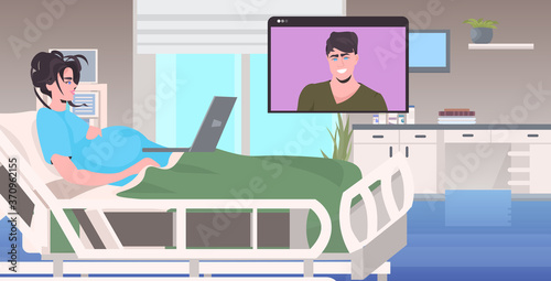 pregnant woman in hospital bed chatting with man in web browser window during video call online meeting self isolation concept horizontal vector illustration