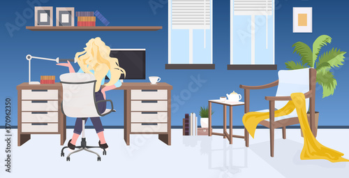 businesswoman sitting at workplace desk social distancing coronavirus epidemic protection self isolation remote work concept office interior horizontal full length vector illustration