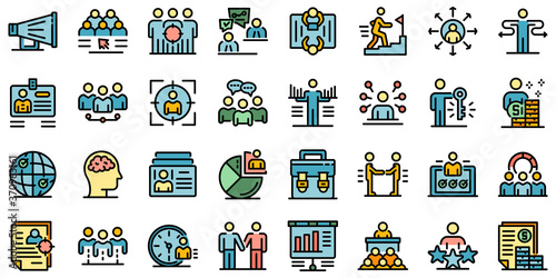 Recruiter icons set. Outline set of recruiter vector icons thin line color flat on white