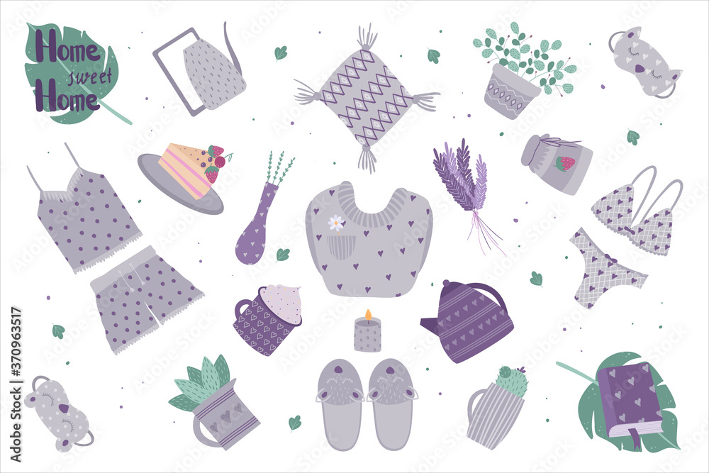 Collection of cute items for home comfort. Vector illustration. Collection of cute items for home comfort. Vector illustration.