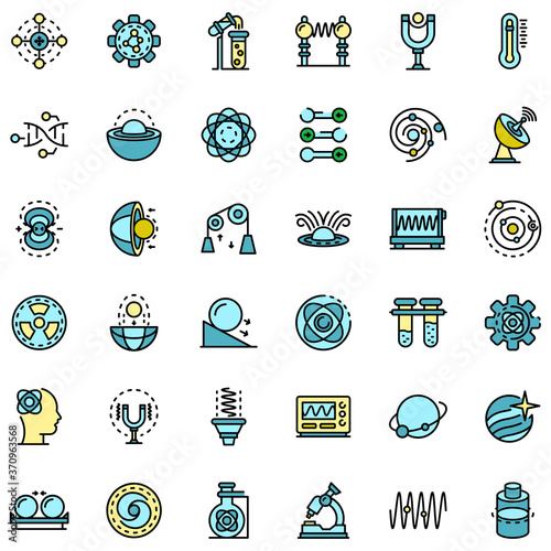 Biophysics icons set. Outline set of biophysics vector icons thin line color flat on white