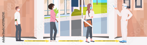 mix race people checking body temperature before entering business center coronavirus pandemic prevention horizontal full length vector illustration