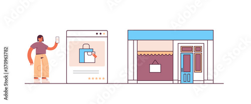woman using smartphone application for online shopping ordering and paying e-commerce smart purchasing concept horizontal full length vector illustration