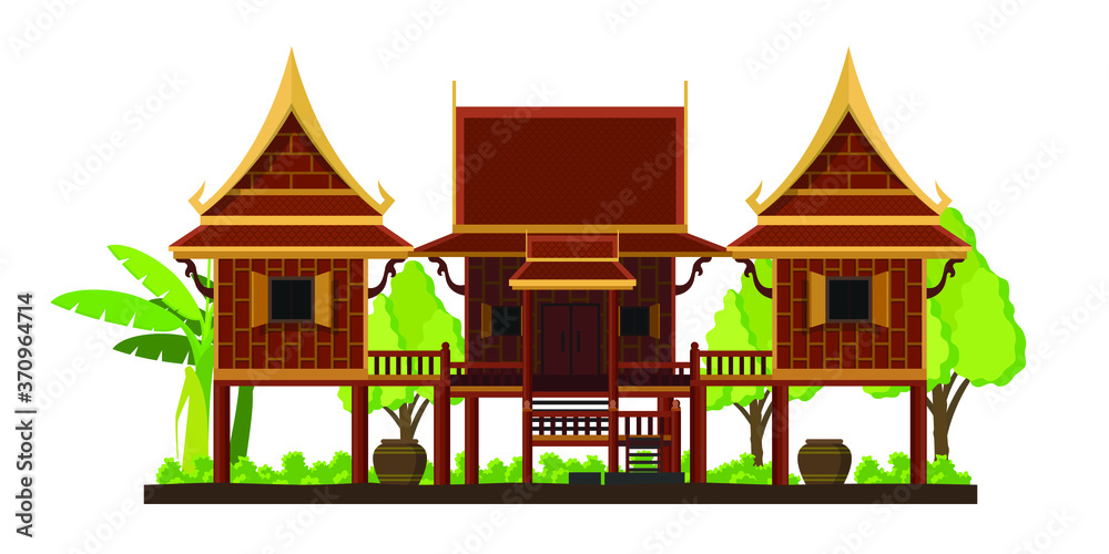 Thai traditional house in flat style isolated on white background, Asia culture architecture concept.