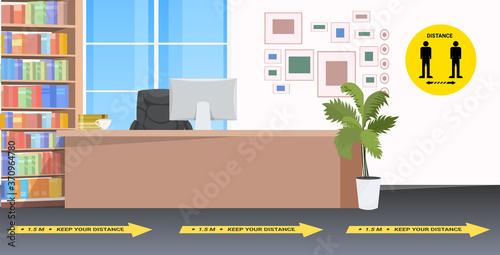 empty no people reception desk with signs for social distancing yellow stickers coronavirus epidemic protection measures horizontal vector illustration