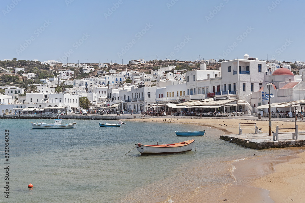 The old port with colorful boats of Chora, Mykonos, Greece