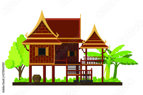 Thai traditional house in flat style isolated on white background, Asia culture architecture concept.