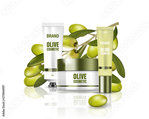 Moisturizing cream jar with milk lotion, face, body and hand cream with olive oil. Cosmetic poster ad with green olives background. Isolated cosmetic package design. Vector