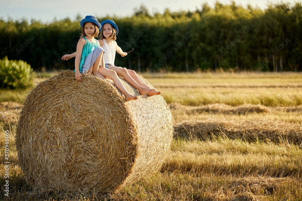 two charming girls are sitting on a roll of mown rye in a field two charming girls are sitting on a roll of mown rye in a field