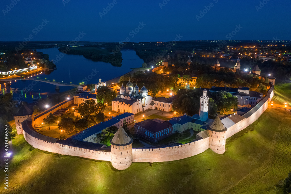 Veliky Novgorod, the old city, the ancient walls of the Kremlin, St. Sophia Cathedral. Famous tourist place of Russia.