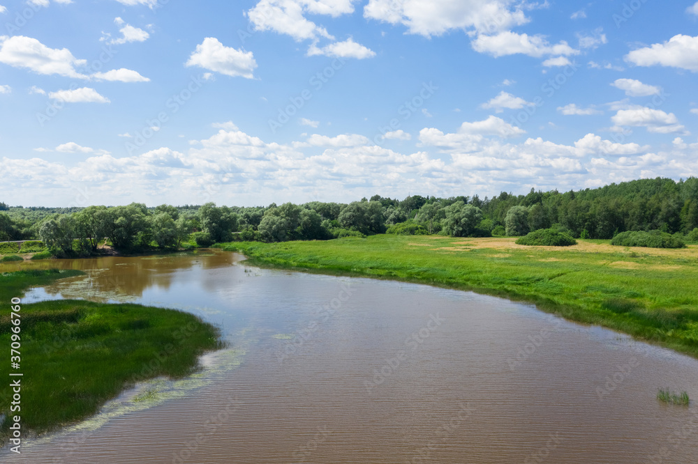 Panoramic aerial view of the Volkhov River near Veliky Novgorod, natural attractions of Russia. Panoramic aerial view of the Volkhov River near Veliky Novgorod, natural attractions of Russia.