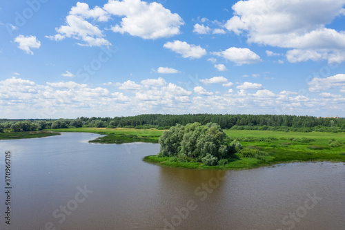 Panoramic aerial view of the Volkhov River near Veliky Novgorod  natural attractions of Russia.