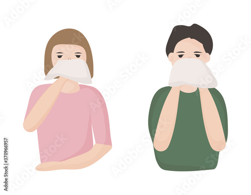 How to sneeze or cough properly to prevent viruses from spreading. Covering your mouth with a handkerchief. People with colds and runny nose. Preventive measures against coronavirus infection. photo