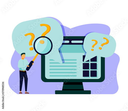 Man holding magnifying glass and looking through it at interrogation points. Concept of frequently asked questions, query, investigation, search for information. Modern flat vector illustration.