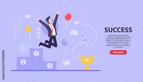 Business success concept. Vector flat businessman jumps from a pedestal and rejoices because he has achieved success and won first place. Big profit victory balloons. Used on websites and web banners.