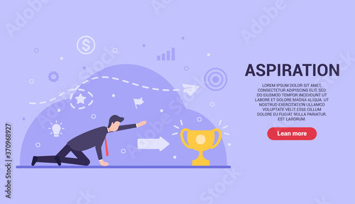 Business aspiration concept. Vector flat businessman is struggling to reach for the cup  which symbolizes profit and business success. Web banner on sites and smartphones. EPS 10.