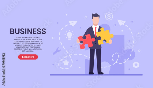 Business concept. Vector flat businessman puts puzzles of different colors into one, which symbolizes the unification of processes in business. Web banner on sites and smartphones. EPS 10.