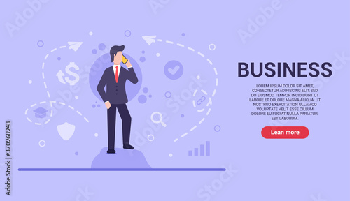 Business concept. Vector flat businessman stands on a stone and negotiates cooperation in order to develop the business and get profit in the future. Web banner on sites and smartphones. EPS 10.