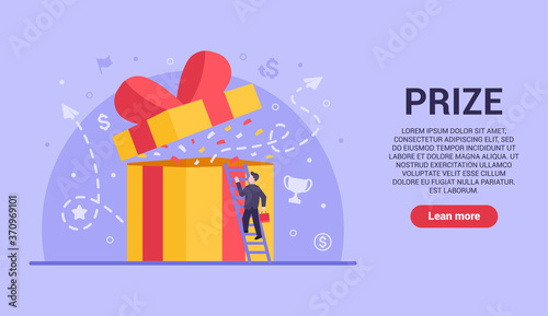 Business prize concept. Joyful vector flat businessman climbs the stairs for a gift that his business has prepared for a quarter. Big profit. Web banner on sites and smartphones. EPS 10.