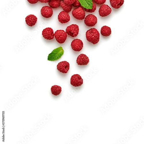 Raspberry isolated on white. Fresh berry closeup, healthy diet concept. Ripe organic bilberry, mint leaf creative composition. Juicy raspberry background, top view.