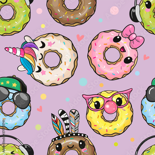 Pattern with cute cartoon donuts