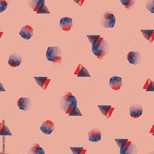 Vector red blue circles triangles seamless pattern