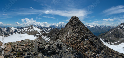 Hiking at the stubai glacier in the Alps in the Stubai Valley on summer vacation in beautiful nature, Tyrol, Austria