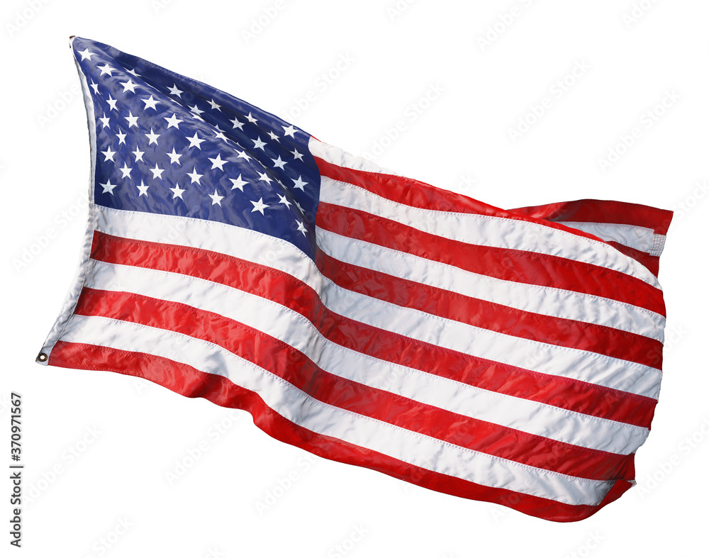 Fototapeta premium American flag waving in the wind isolated on white background. 3D