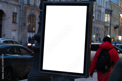 Blank Banner light box Mockup Media Advertising. In the city on the street with people