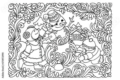 coloring book, snowman, children, boy and girl sculpt a snowman, patterns in the form of frost, antistress, black and white drawing, sketch, for children, for an adult, vector illustration