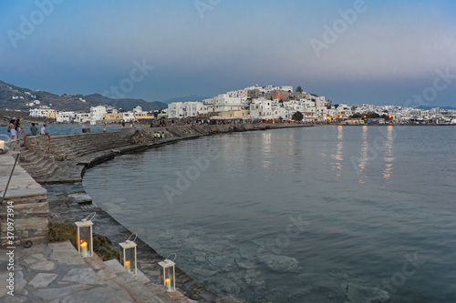 The night scene to the old port of Chora of Naxos island in Greece